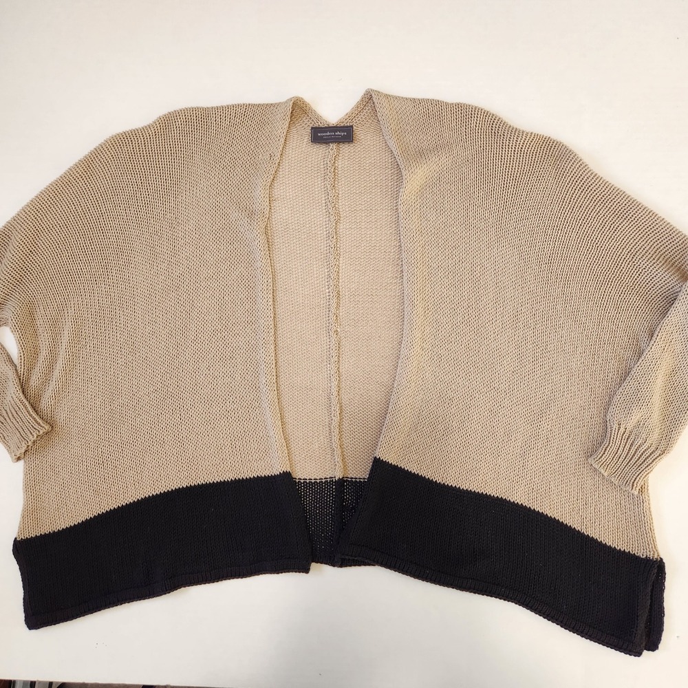 Wooden Ships Cardigan Beige Black Open Front Drop Shoulder Sweater Womens S/M - Picture 7 of 7